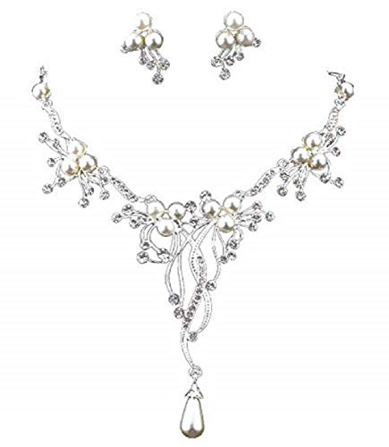Preisvergleich Produktbild Sarahmi Brautschmuck Hochzeit Schmuckset Set Kette Collier Ohrringe Lange Ohrstecker Silber versilbert Anhänger Perlen weiß und Kristall klar