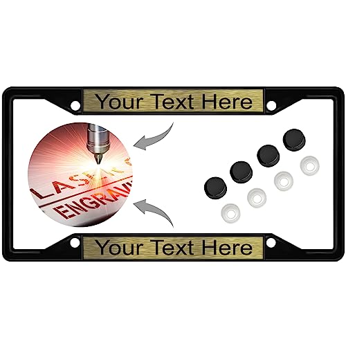 Image of Personalized with Custom Text Design - 4 Hole Black Metal Laser Engraved US Standard Size - Car License Plate Frame with Free caps - Gold /Black Text (Qty: 1 Frame)