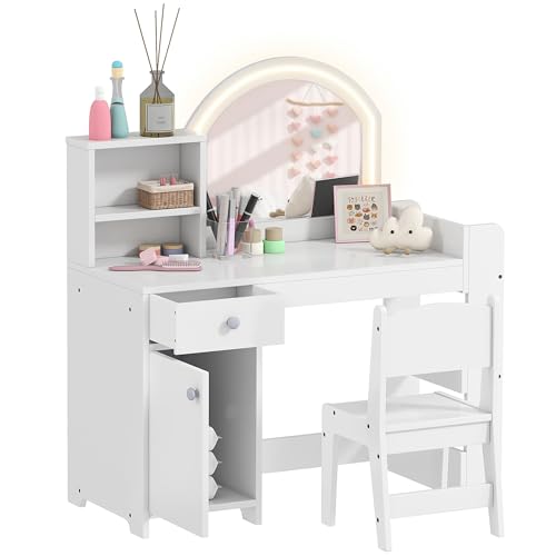 AIYAPLAY Tocador de Maquillaje Niña, Tocador Infantil con Taburete y Espejo con Luces LED, 1 Cajón, Armario y 5 Estantes, para Niños de 3 a 8 Años, Blanco