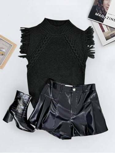 Image of Womens Summer Sleeveless Sweater Vest 2025 Mock Neck Cable Knit Fringe Cap Sleeve Boho Trendy Pullover Tank Tops