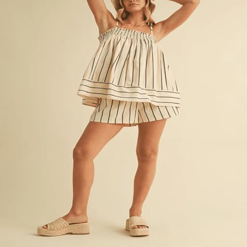 Image of SOOKABEILA Women 2 Piece Lounge Set Sleeveless Striped Cami Peplum Top Boxer Shorts Loose Ruffle Matching Pj Sets Outfits