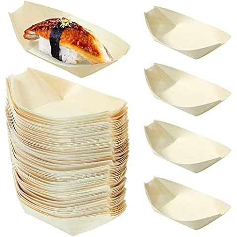 Cabilock 100PCS Wooden Sushi Serving Tray Leaf Boat Plate Japanese Sashimi Dishes Food Container Take Out Trays for Restaurant Home Weddings Parties 13.5cmx7.7cm Cover
