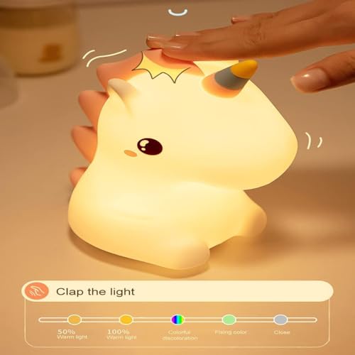 Image of Silicone Unicorn Night Light for Kids - Rechargeable LED Bedside Lamp with 7 Color Changing Modes, Soft Cute Unicorn Lamp for Baby Bedroom, Nursery & Gift