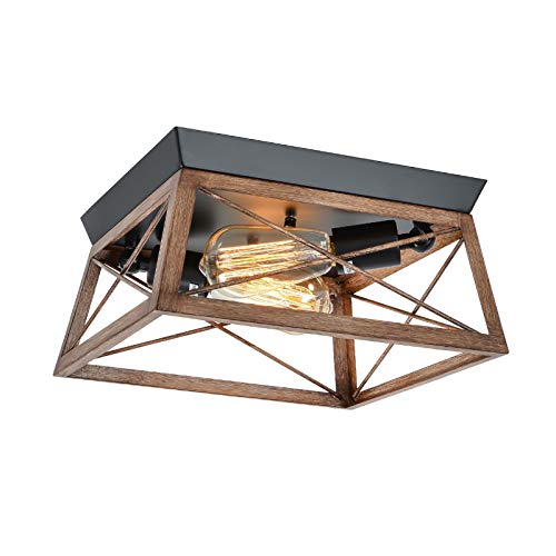 HMVPL Farmhouse Flush Mount Ceiling Light Fixture, Rustic Metal Square Close to Ceiling Light, 2-Light Industrial Ceiling Lamp for Hallway Dining Room Bedroom Kitchen Foyer