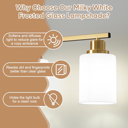 Image of Ascher Bathroom Light Fixtures, 4-Light Vanity Light Over Mirror, Gold Wall Sconces with Milky White Frosted Glass Shades, Wall Lamp for Living Room Bedroom, E26 Base(Bulbs Not Included)