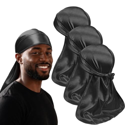 3PCS Silky Durags for Men Women Waves Doo Rag Compression Caps for 360 540 720 Waves (Black)