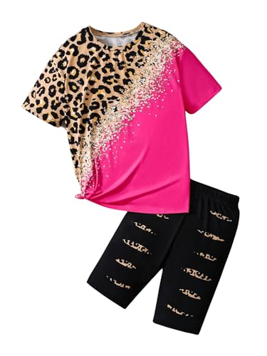 Image of Floerns Girl's 2 Piece Outfit Leopard Sequin Patchwork Top and Elastic Waist Bermuda shorts Sets