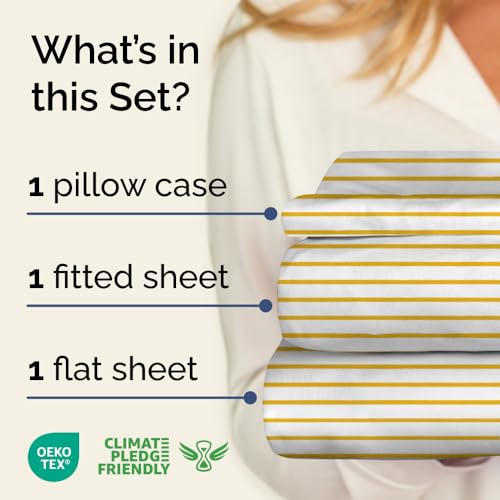 Image of Twin XL 3 Piece Striped Sheet Set - Soft & Cooling - Yellow Pencil Stripes | 1 Flat, 1 Fitted & 1 Pillowcase w / Deep Pockets, Luxury Striped Bedding, Soft, Breathable & Cooling, Wrinkle & Fade Free