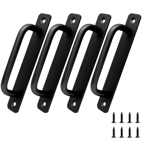 Piutouyar 4 Pack Aluminum Alloy Sliding Barn Door Handle, 128mm / 5 Inch Hole Center Gate Door Handle, Closet Door Pulls with Plate for Kitchen, Cabinet, Bathroom, Closet, 5.9 Inch Long (Black)