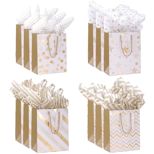 Gift Bags Medium Size with Tissue Paper 12pcs 9 White Gold Wrap Paper Gift Bags with Handles for Shopping Party Wedding Baby Shower Holiday Presents (12)