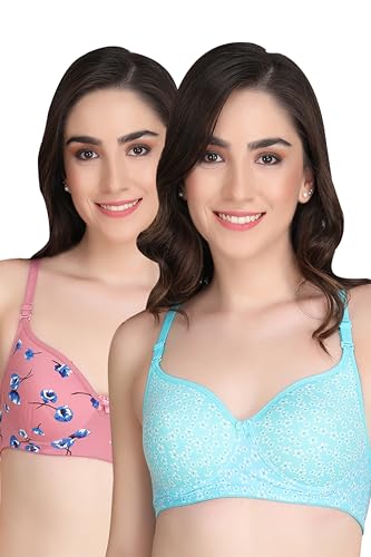 Image of Flower Print Bra for Women - Made of Pure Cotton Full Coverage Non Wired Pushup Soft Cup for T-Shirt Saree Dress Sports Garment for Daily Use Everyday