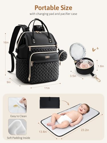 Lekesky Quilted Diaper Bag Backpack, Wide Opening Large Baby Bag for Mom Dad Maternity Baby Boy Girls, Black Travel Diaper Backpack with Changing Pad, Insulated Pockets, Pacifier Case — view 6