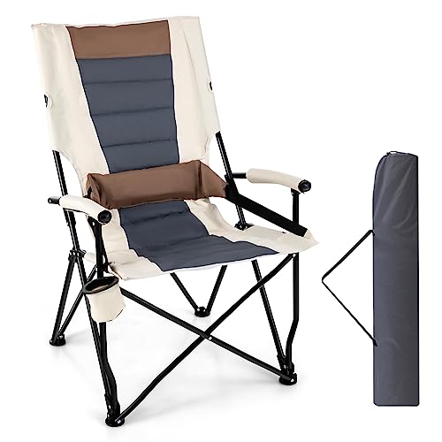 Tangkula Folding Camping Chair, Portable Lightweight Camp Chair with Lumbar Support, Padded Seat, Carrying Bag, Cup Holder, Outdoor Lawn Chair for Yard Fishing Travel, No Assembly Needed