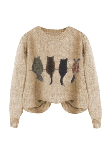 WDIRARA Womens Cat Graphic Sweater Long Sleeve Crew Neck Knit Tops Casual Knitwear Apricot Medium
