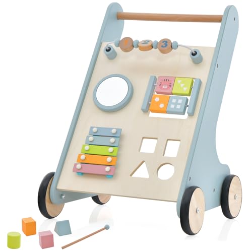 COSTWAY Baby Lauflernhilfe aus Holz, Lauflernwagen mit Xylophon & Bauklötzen, Baby Walker mit Aufbewahrungsbox, Laufwagen gehfrei für Kinder ab 10 Monaten (Modell 2)