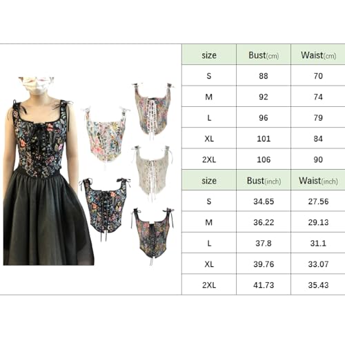 Bowanadacles Women Vintage Floral Camisole Flower Embroidery Pattern Tight Vest Drawstring Tie-up Tank Top Suspender Corset - Thumbnail 7