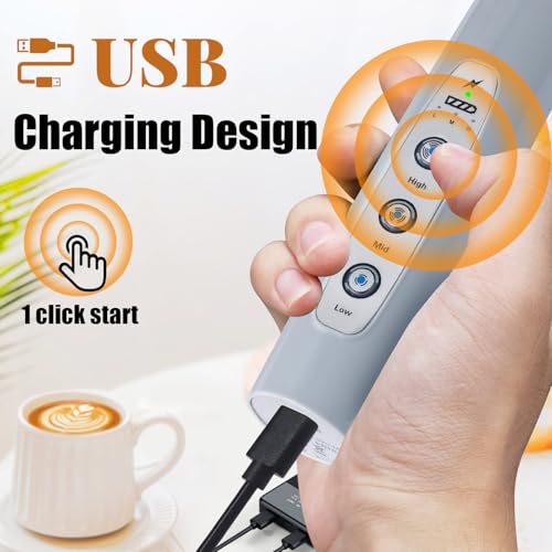 Image of Nahida Cement Gray Milk Frother Wand for Coffee, Frother Handheld Rechargeable Electric Whisk with 3 Heads 3 Speeds Drink Mixer Coffee Frother Foam Maker For Latte, Cappuccino, Hot Chocolate, Egg