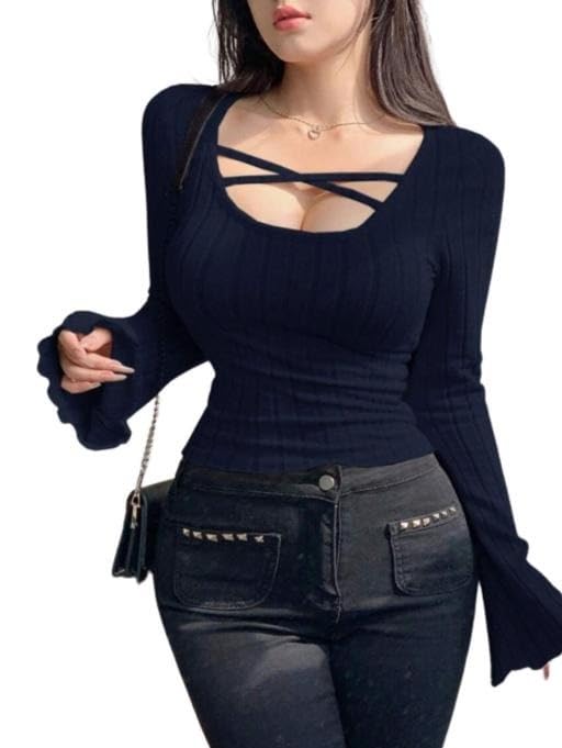 Image of Women Slim Fit Long Flare Sleeve Ribbed Knit Criss Cross Cut Out Casual Fashion Top Trendy Daily Outfit for Girls and Women