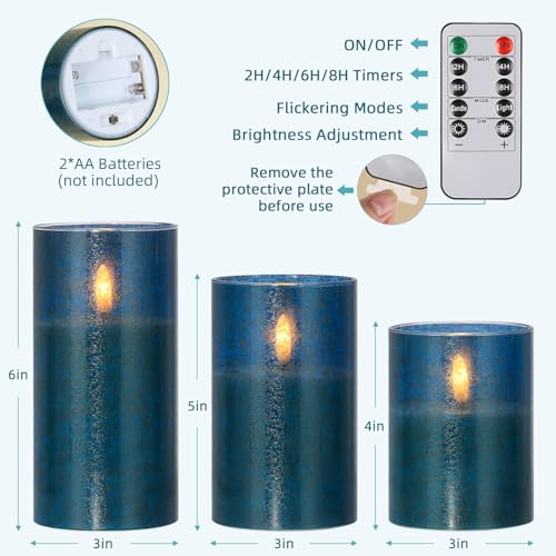 Image of Flickering Flameless Candles with Remote - 3D Wick Battery Operated Candles with Timer, Blue Glass Fake LED Candles for Party Wedding Birthday Holiday Festival Christmas Home Decor Gifts