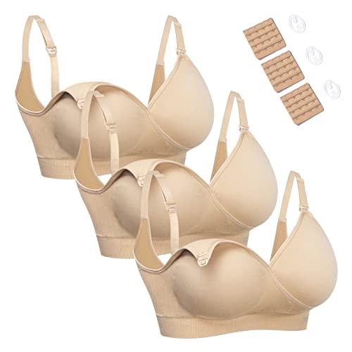 HOFISH Nursing Bra Comfy Padded Wireless Seamless Maternity Bra for Pregnancy/Breastfeeding/Sleeping 3Pack Beige Large