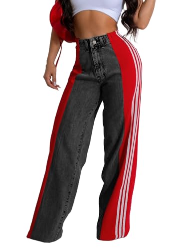 XZLUFNY Women's Jeans Two Tone Patchwork Striped Denim Pant Color Block Straight Wide Leg Trousers - Main Image
