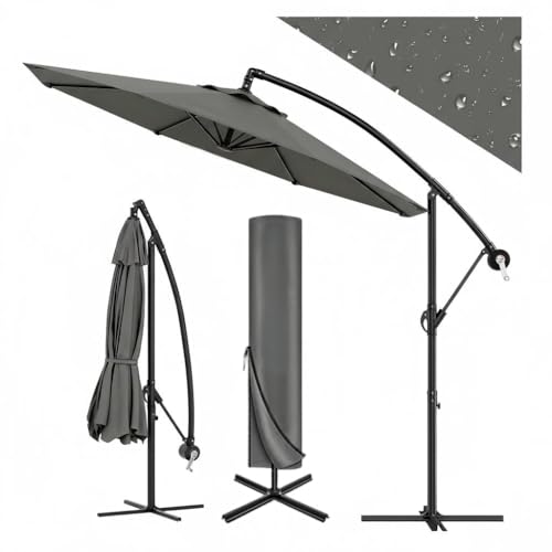 GarveeLife Sonnenschirm Ø 300 cm Ampelschirm mit Kurbel | Sonnenschirm mit Ständer & Windschutz | Gartenschirm UV-Schutz wasserdicht | Kurbelschirm für Terrasse & Balkon Grau