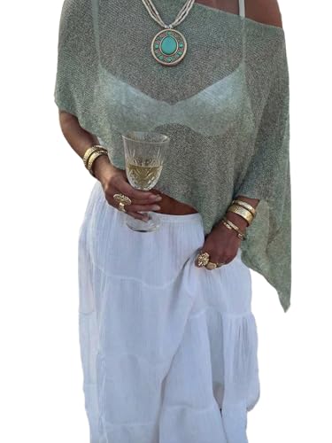 BEAUDRM Women's Sheer Ponchos Knit Crochet Shawl Cape Off The Shoulder Lightweight Sweater Summer Beach Cover Up Green Small