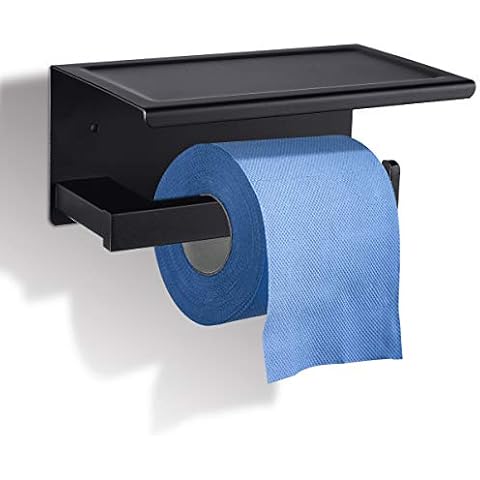 GEMITTO Toilet Paper Holder, Bathroom Toilet Roll, SUS304 Stainless Steel, Single-Roll Heavy Duty Bathroom Tissue Holder Rack, Wall Mounted, for Mobile Phone Placing Black Square Rod Cover