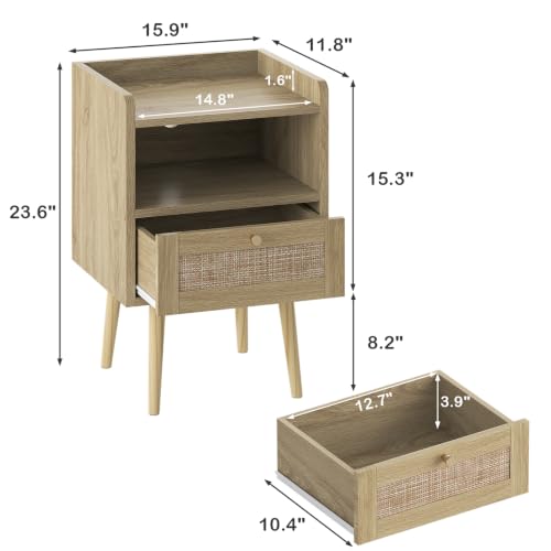 Image of MECHYIN Night Stand with Charging Station & Rattan Decor Drawer, Boho Bedside End Table with Solid Wood Feet, Bed Side Table with Open Storage for Farmhouse Bedroom Living Room Dorm - Natural