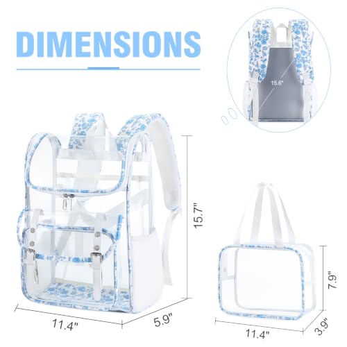Image of DIGOBAY Clear Backpack with Lunch Bag, Corduroy Clear Bookbag Heavy Duty | Thick PVC Clear Backpack for Girls Women See Through Transparent Backpacks for Stadium Events College Travel Work, BlueFloral