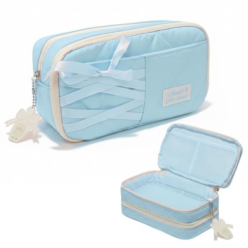 Image of FunBlast Pencil Pouch for Girls - Aesthetic Multi-Compartment Zipper Pouch with Drawstring Pocket, Cute Kawaii Pencil Case, Stylish Stationery Pouch, Return Gift for Kids & School Use (Blueb)
