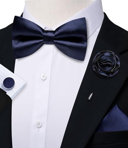 Image of Solid Color Bow Ties for Men Silk Pre-tied Tuxedo Bowtie Set 4PCS | Pre-tied in 3 seconds,adjustable 4PCS bow tie and pocket square cufflinks lapel pin set,wedding,formal,party,prom,graduation