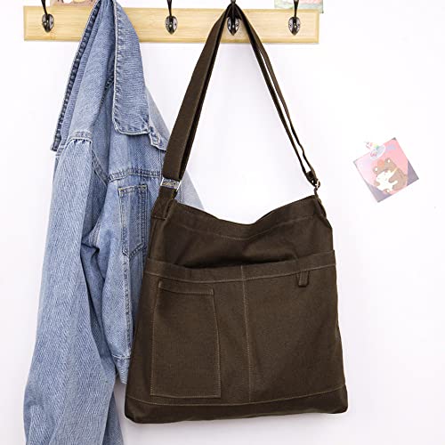 Image of Cotton Tote Handbag Women Canvas Crossbody Beach Bag Hobo Shoulder Tote Bag with 3 External Pocket,Zipper Closure