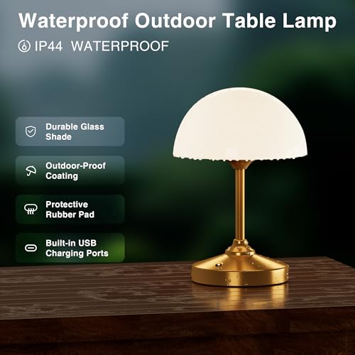 Image of Dawnwake Mushroom Lamp Cordless Lamp Table Lamp,Outdoor Waterproof Shower Lamps,5000mAh Rechargeble Battery Operated Dimmable Touch Desk Lamps,LED Night Light for Bathroom Patio Camping Outdoor(Gold)