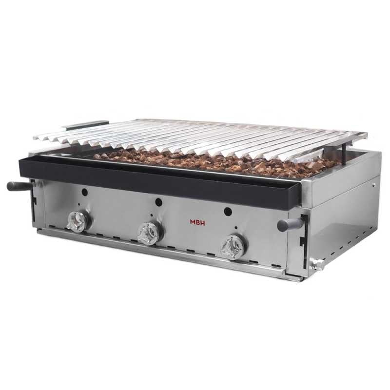 MBH - Gril à pierre de lave professionnel à gaz 90 cm Gril pierre lavique avec grille en acier inoxydable, idéal pour bar, restaurant.