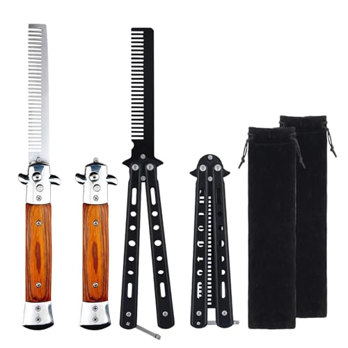 2 Pack Automatic Switch Folding Practice Combs Stainless Steel Butterfly Comb Switchblades Comb Outdoor Training Pocket Combs Hair Brush for Beard Mustache Hair Styling Tools(Black&Brown)
