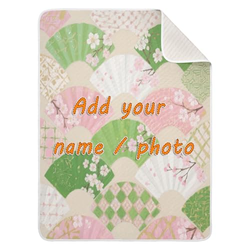 Custom Japanese Pinkish-Green Fan Swaddle Blanket Breathable Personalized Image Baby Name Blanket Personalized for Newborns, Infants, & Toddlers 30x40in Mantas para