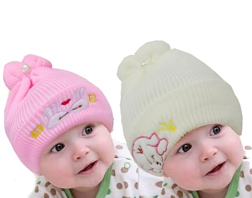 Image of Pack of 2 100% Woolen Cap for New Born Baby | Winter Warm Cap | Baby hat Cap for Winter | Woolen Cap for Baby, Kids