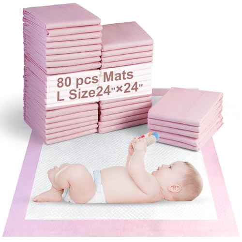 SKY-TOUCH 80 Pieces Baby Disposable Changing Mats Waterproof Baby Changing Pads 60x60 cm Highly Absorbent Leakproof Changing Pad Baby Ultra soft Diaper Changing Mat Underpads for Baby Pink