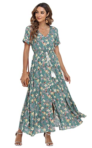 Image of VintageClothing Women's Floral Maxi Dresses Boho Button Up Split Summer Casual Long Dress Beach Party Dress