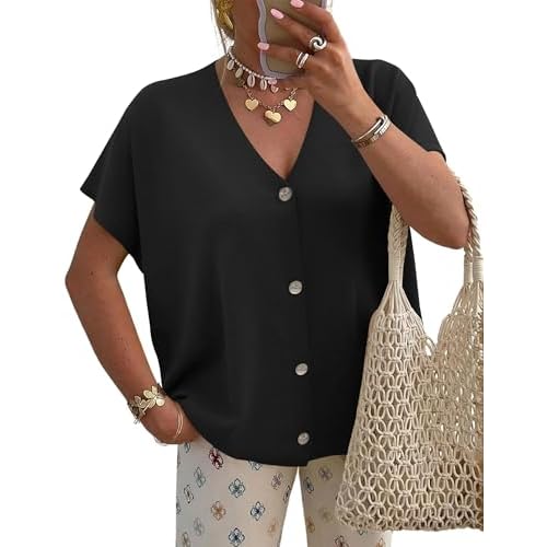 LOMON Oversided Cardigan Sweaters for Women Short Cap Sleeve V-Neck Casual Button Lightweight Knitted Trendy Sweater S-XL Black Large