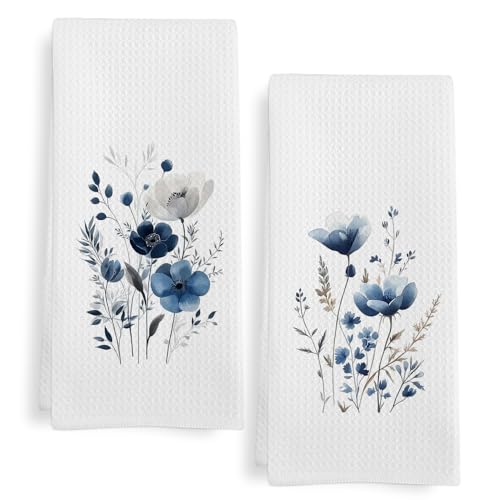GWFSJYU Blue Floral Kitchen Towels Set of 2, Blue Flower Dish Tea Towels for Kitchen, Botanical Wildflower Decorative Hand Towel for Bathroom, 16x24 Inch