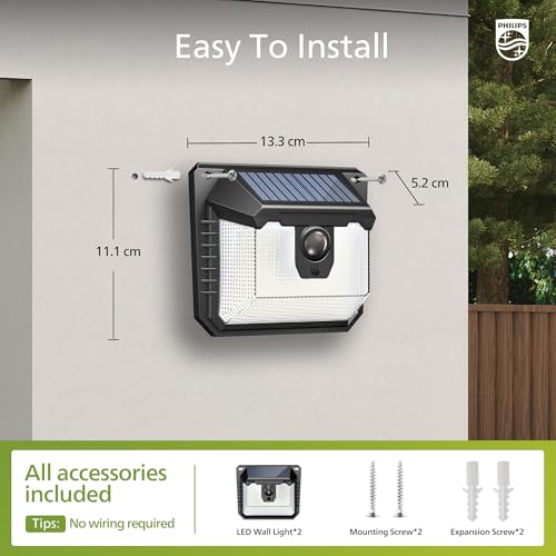 Philips Solar Lights Motion Sensor Outdoor, 120 LEDs Solar Powered Security Lights,3 Lighting Modes, Waterproof Wall Lights for Outside Yard Fence Garden Garage (2) - Image 3