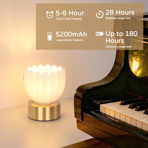 Image of Shenmoyl Cordless Small Table Lamp with 5200mAh Battery & Touch Control, Battery Operated Tulip Table Lamp with 3 Colors, Rechargeable Mini Table Lamps for Bedsides, Bedroom, Nightstand (White)