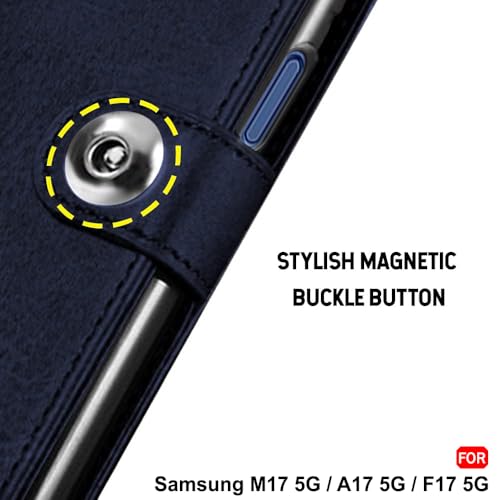 Image of TheGiftKart Flip Cover Back Case for Samsung Galaxy M17 5G / A17 5G / F17 5G | Genuine Leather Finish | Designer Button | Inbuilt Pockets & Stand | Flip Cover Back Cover Case (Faux Leather, Blue)