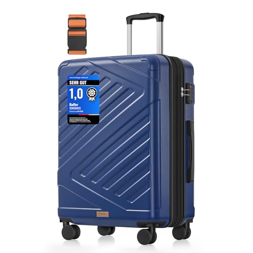 SONGMICS Koffer, Reisekoffer, Hartschalenkoffer mit TSA-Schloss, Koffergurt, ABS-Trolley, 4 Zwillingsrollen, erweiterbar, L, 65 cm, hafenblau RLP002Q101