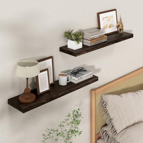 Image of Floating Shelves for Wall, 32in Reclaimed Elm Wood Shelves, Walnut, 2PCs | 8'' D Rustic Solid Elm Wood Shelves for Storage, Wall Mounted Display Shelving with Invisible Heavy-Duty Metal Bracket