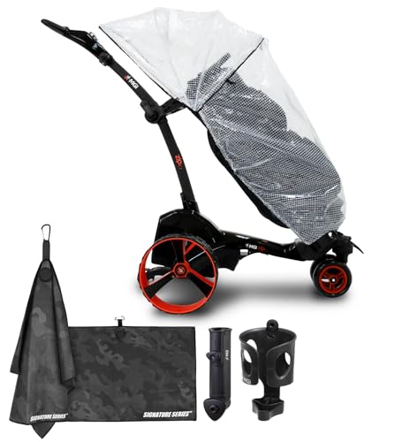 MGI Zip X3 Electric Golf Push Cart with Rain Cover | Zip Folding Caddy, All-Terrain Wheels, Plays 36 Holes, Adjustable Speed, 3 Wheels, Display Screen, Odometer | Signature Series Golf Towel