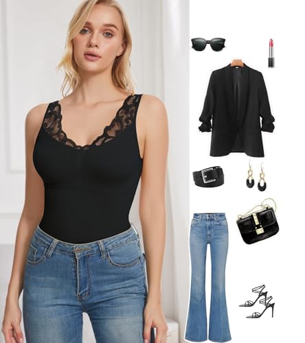 ciksob Shapewear Camisoles Tops With Built in Bra Tummy Control Compression V Neck Tanks Top for Women Slimming Lace Cami Body Shaper Black S - image 8
