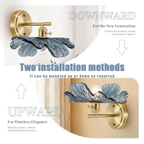 Image of Vintage Wall Sconces Set of 2 Blue Flower Glass Shade Gold Brass Base Bathroom Vanity Lights Over Mirror Mid Century Modern Wall Lighting Fixtures for Bedroom Hallway Living Room